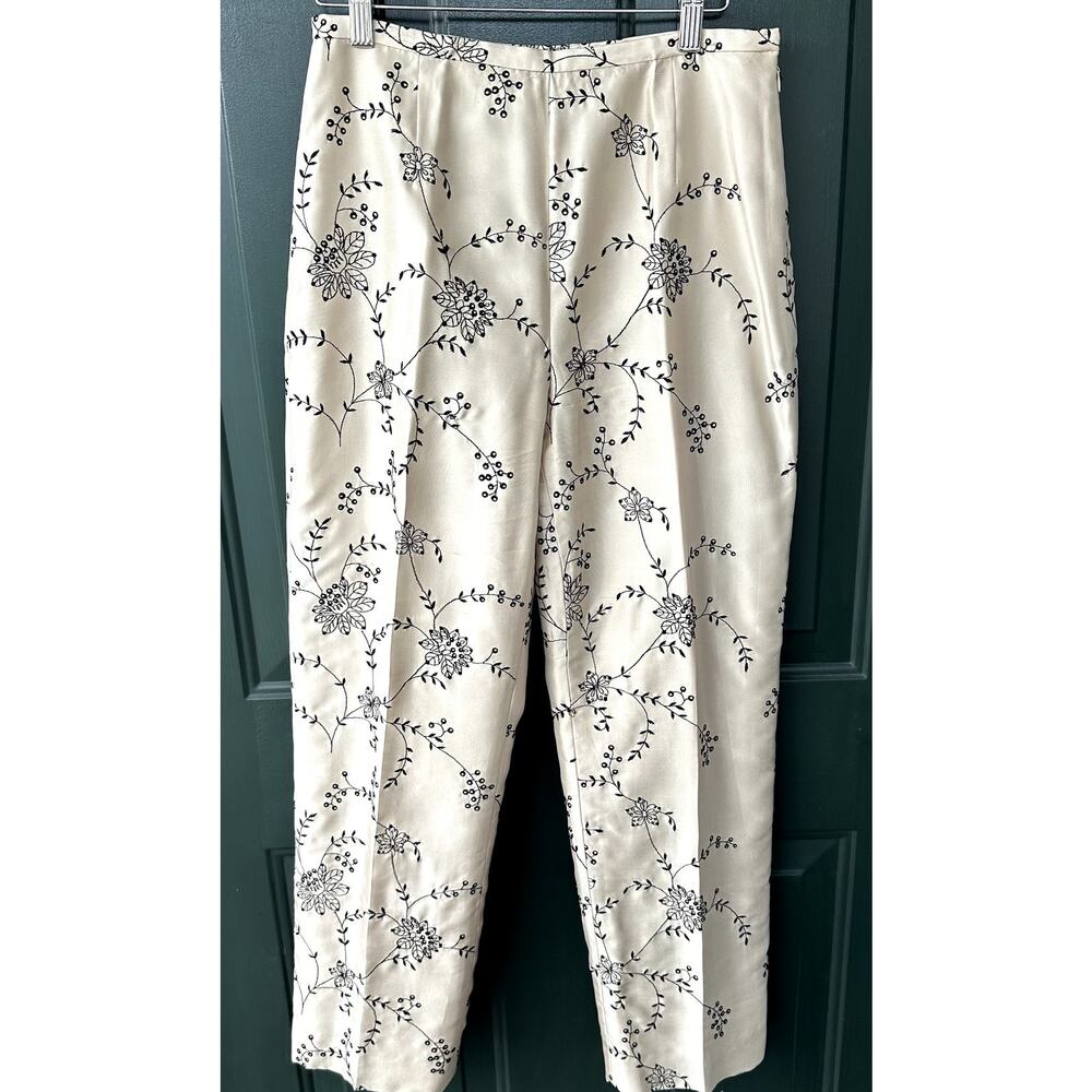 VTG Yves Cosette DEPECHE Mode 100% Silk Pants Sz 6 w/ Black Floral Embroidery